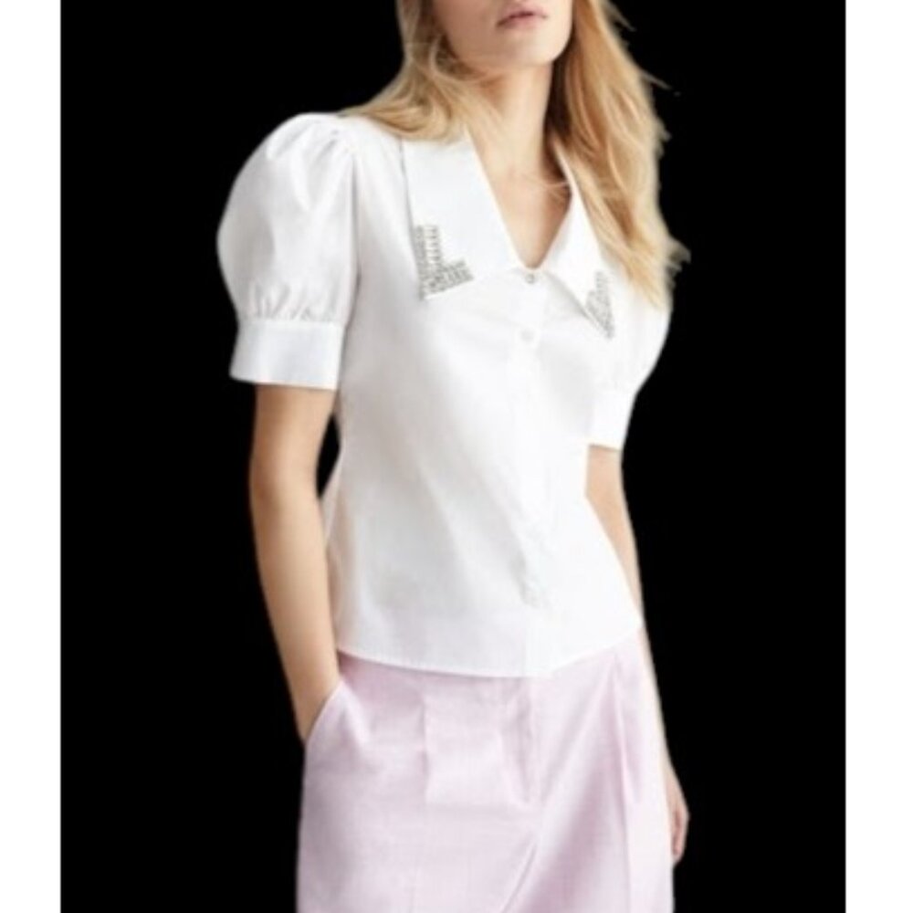 Jason Wu Rhinestone-Embellished White Cotton Poplin Puff Sleeve Shirt Sz S NWT